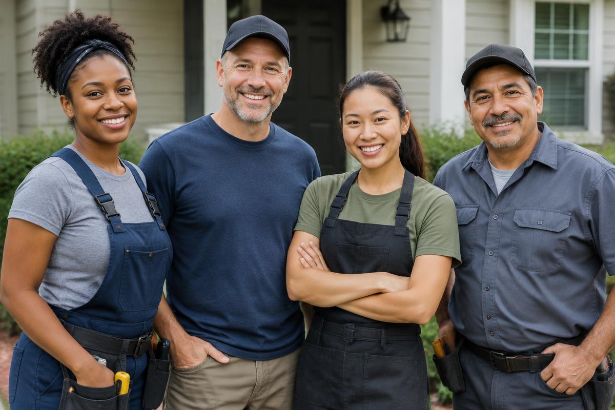 A diverse group of smiling helpers standing in front of a house