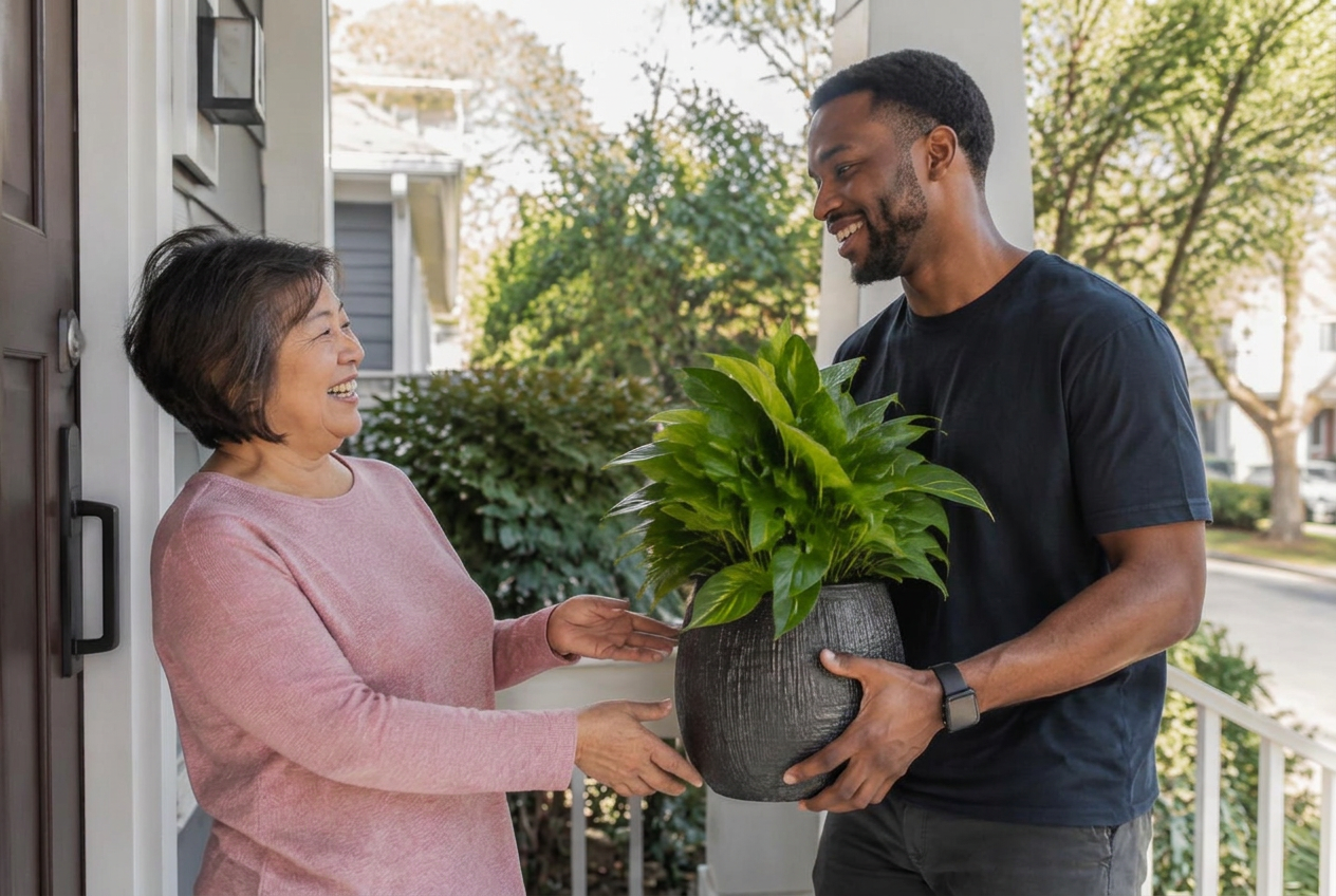 A smiling helper handing a potted plant to an older homeowner at her front door
