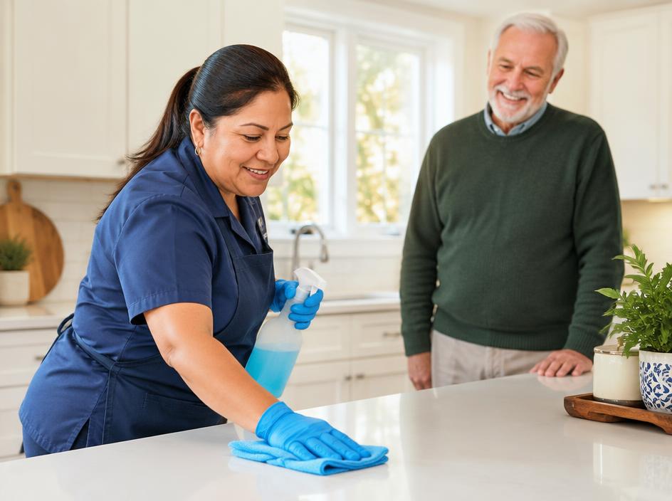 A helper wiping a kitchen counter while an older homeowner smiles