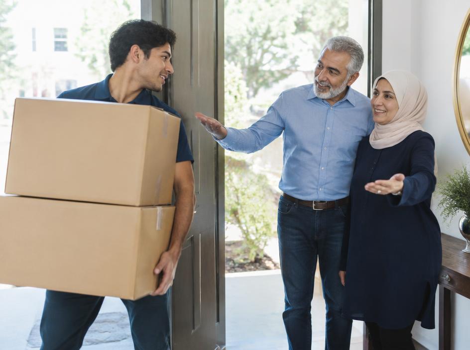 A helper carrying boxes into a couple's home