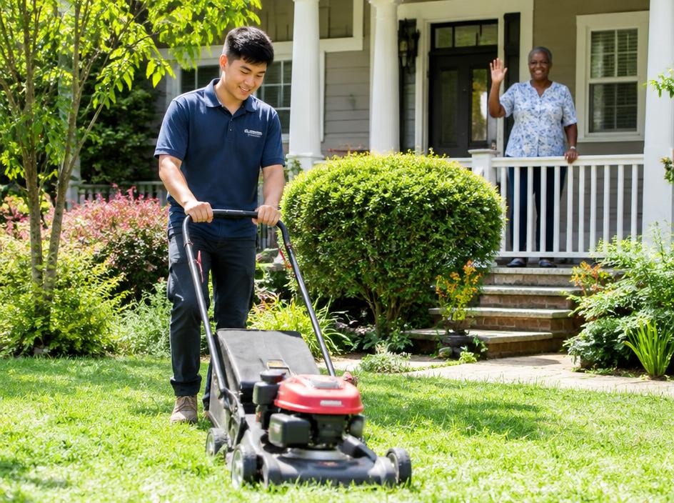 A young helper mowing a lawn as a homeowner waves from the porch